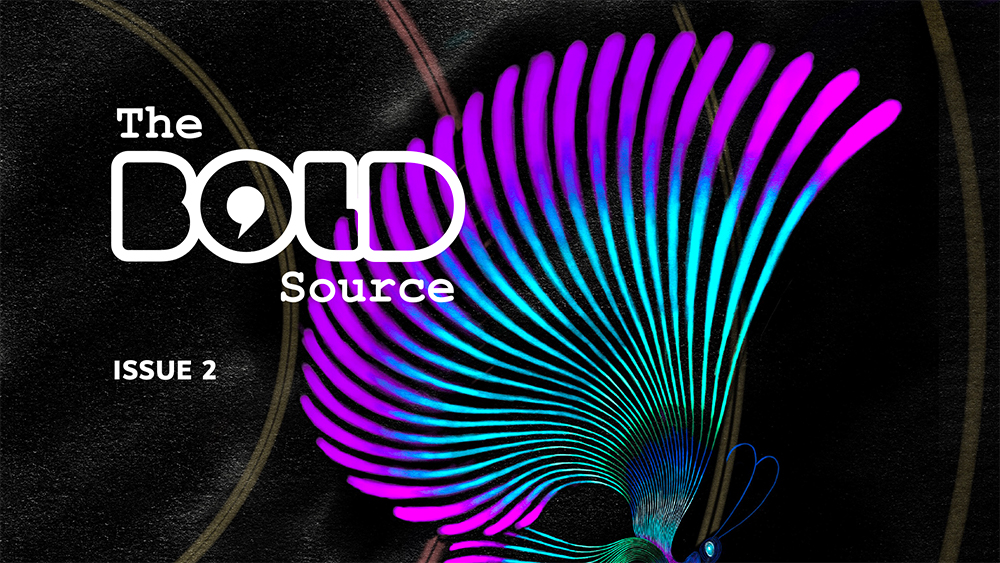 Cover of Bold Source Issue 2. Black background with vibrat coloured wings of a butterfly