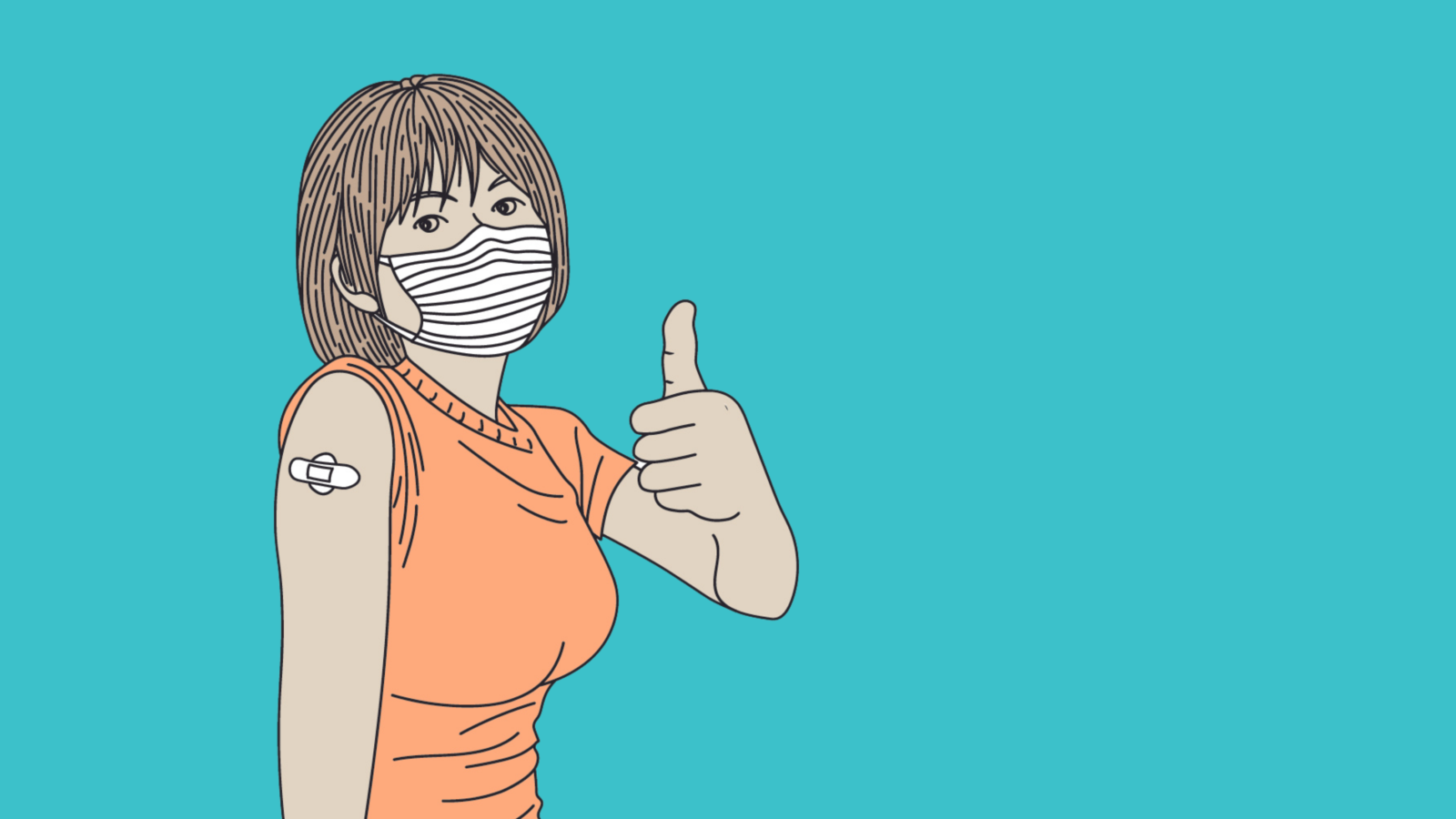 illustration of women in orange t-shire wearing a facemask is giving a thumbs up with her left hand. She has a bandaid on her upper left arm.