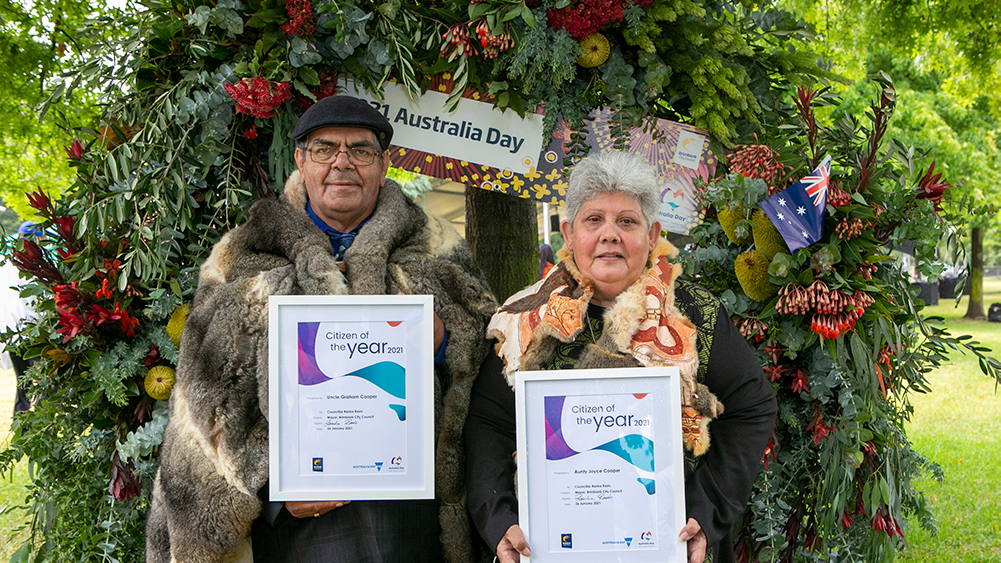 Uncle Graham (Boots) and Aunty Joyce Cooper posing with their Brimbank Citizens of the Year 2021 award