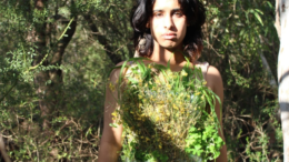 woman standing among australian bush gumtrees looks towards camera, her torso is covered with leaves and watle. the photograph is called "earth by" by Parminder Kaur.