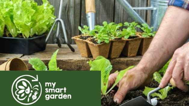 My smart garden brand with photo of someone's hands planting seedlings